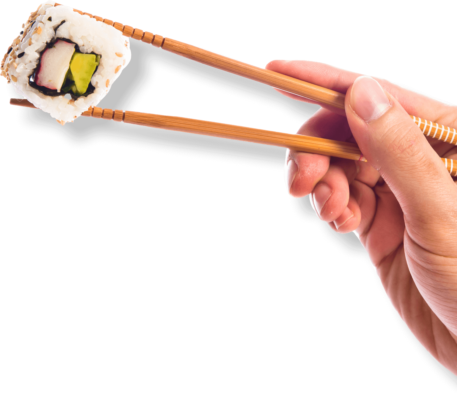 Photo of sushi being held with chopsticks